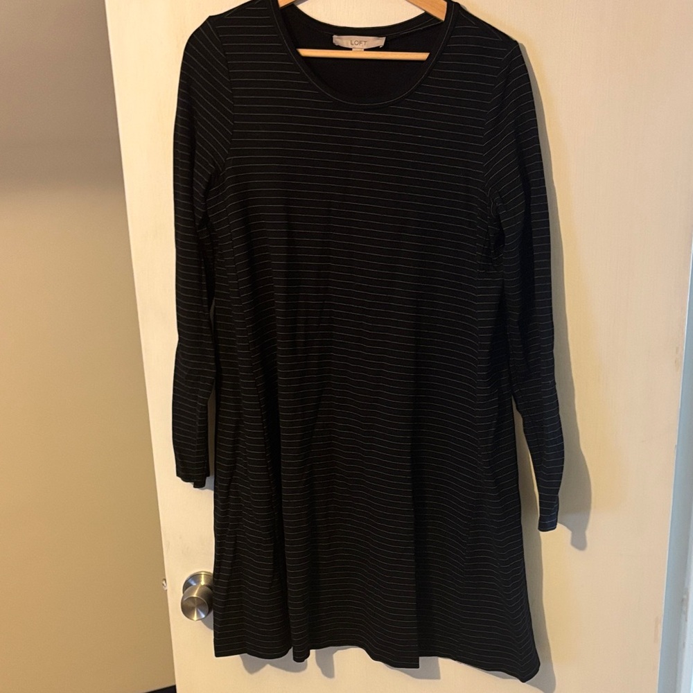 LOFT Black A Line Dress with Subtle Stripes - M